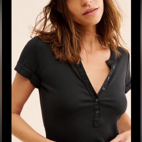 H&M L.O.G.G. Black Ribbed Short Sleeve Henley Tee – Size L - Picture 2 of 8